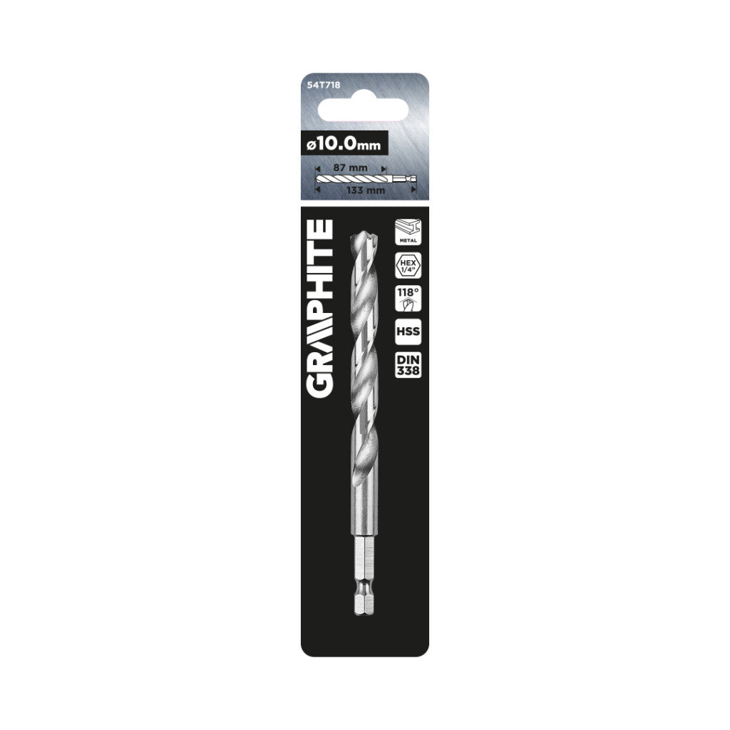 GRAPHITE Csigafúró, 1/4" hatszög szárral, HSS DIN 338, 10mm  54T718