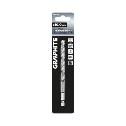 GRAPHITE Csigafúró, 1/4" hatszög szárral, HSS DIN 338, 10mm  54T718