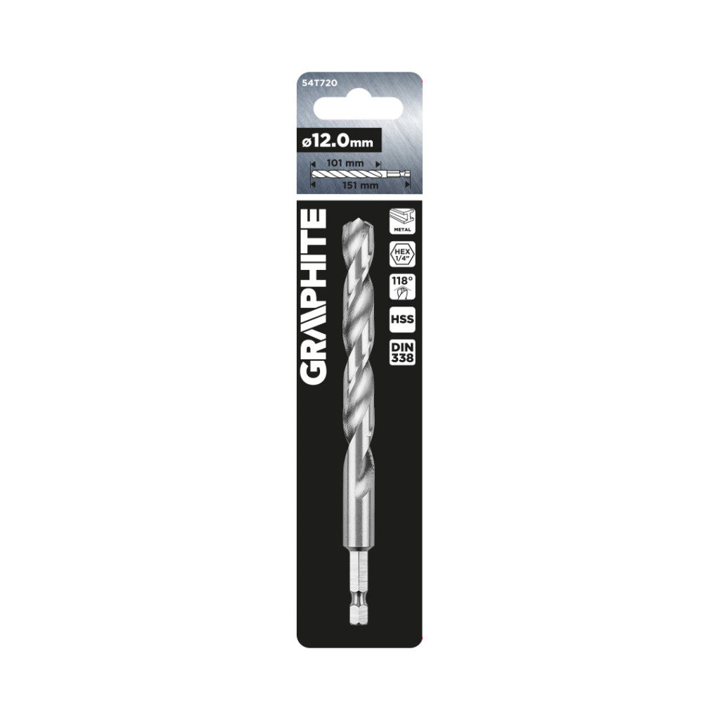 GRAPHITE Csigafúró, 1/4" hatszög szárral, HSS DIN 338, 12mm  54T720