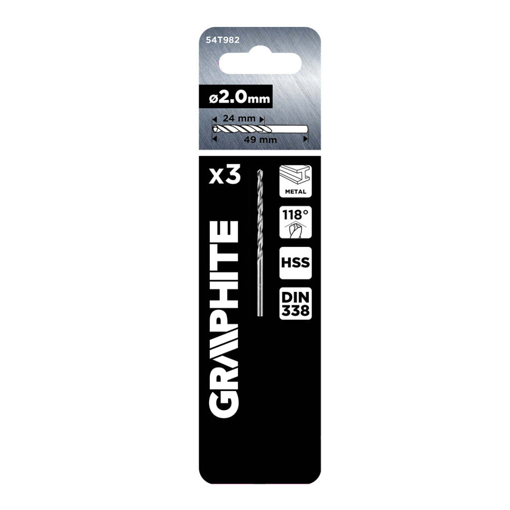 GRAPHITE Csigafúró, HSS DIN 338, 2mm, 3db/cs 54T982