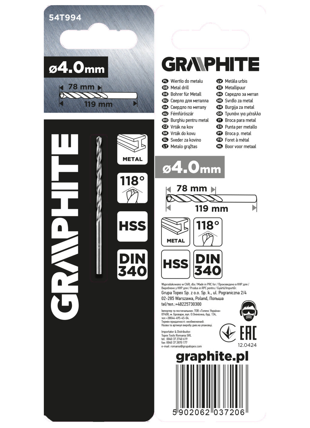 GRAPHITE Csigafúró HSS hosszú  4.0x119/78mm, DIN 340 54T994