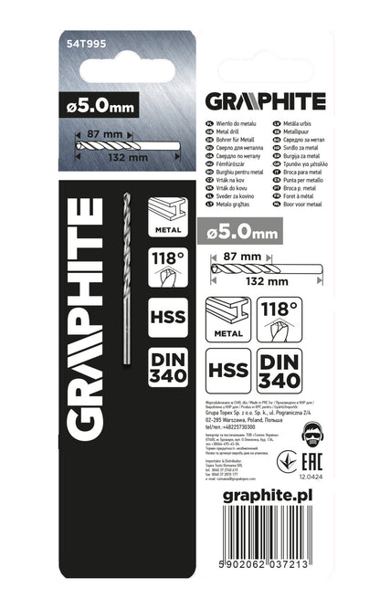 GRAPHITE Csigafúró HSS hosszú  5.0x132/87mm, DIN 340 54T995