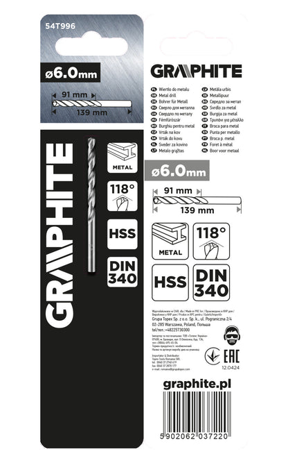GRAPHITE Csigafúró HSS hosszú  6.0x139/91mm, DIN 340 54T996