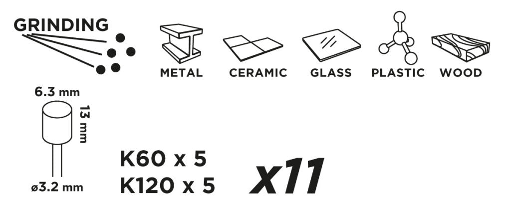 GRAPHITE Csiszolóhüvely 6.3mm, K60, K120, készlet 10db + szár 3.2mm 55H069