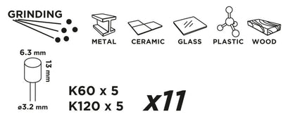 GRAPHITE Csiszolóhüvely 6.3mm, K60, K120, készlet 10db + szár 3.2mm 55H069