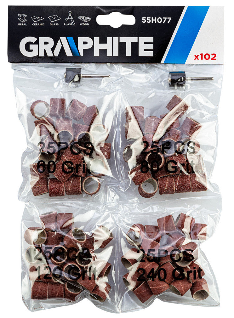 GRAPHITE Csiszolóhüvely 12.7mm, K60, K80, K120, K240, készlet 100db + szár 3.2mm, 2db 55H077