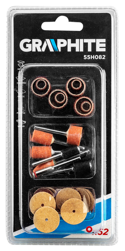 GRAPHITE Csiszolókészlet mini fúró- és csiszológéphez, csiszolóanyagok, csiszolópapírok, 52db 55H082