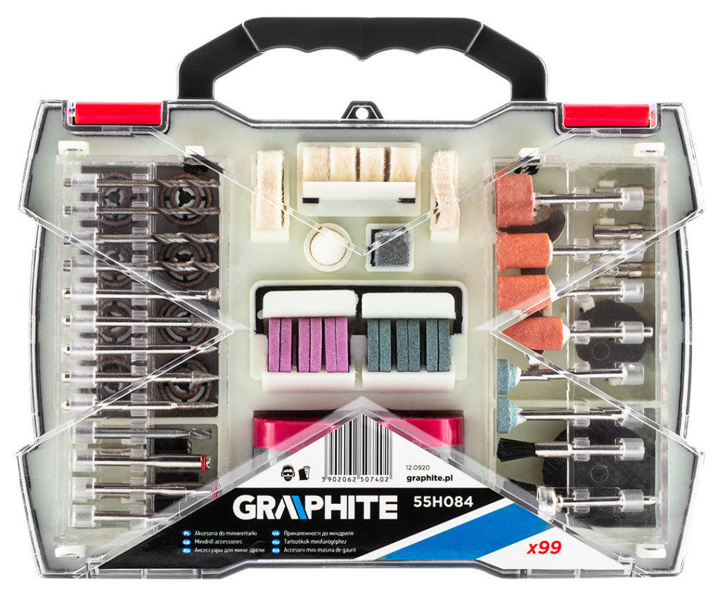 GRAPHITE Tartozékkészlet mini fúró- és csiszológéphez 99db 55H084