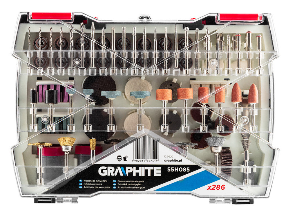 GRAPHITE Tartozékkészlet mini fúró- és csiszológéphez 286db 55H085