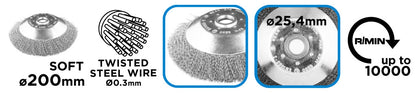 GRAPHITE Drótkorong, fazékkefe hullámos 200 x 25, 4mm benzines kaszákhoz 55H103
