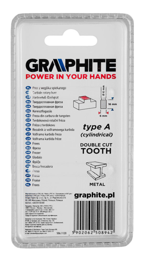 GRAPHITE Keményfém marófej, turbómaró, A, hengeres, 6x16mm, szár méret: 6x45mm 55H350