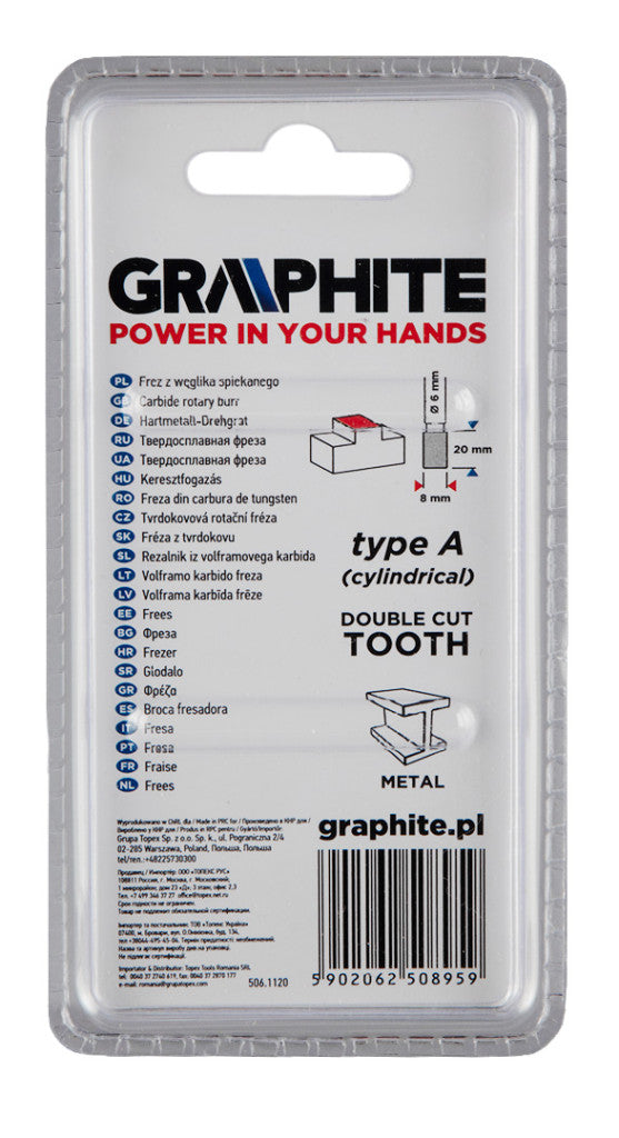 GRAPHITE Keményfém marófej, turbómaró, A, hengeres, 8x20mm, szár méret: 6x45mm 55H351