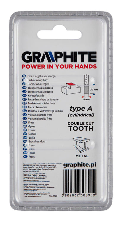 GRAPHITE Keményfém marófej, turbómaró, A, hengeres, 8x20mm, szár méret: 6x45mm 55H351