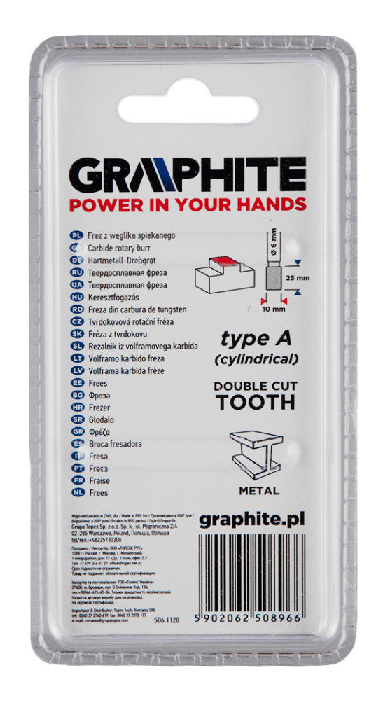 GRAPHITE Keményfém marófej, turbómaró, A, hengeres, 10x25mm, szár méret: 6x45mm 55H352