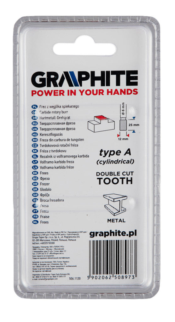 GRAPHITE Keményfém marófej, turbómaró, A, hengeres, 12x25mm, szár méret: 6x45mm 55H353