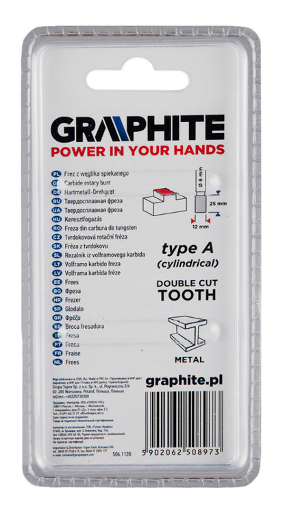 GRAPHITE Keményfém marófej, turbómaró, A, hengeres, 12x25mm, szár méret: 6x45mm 55H353