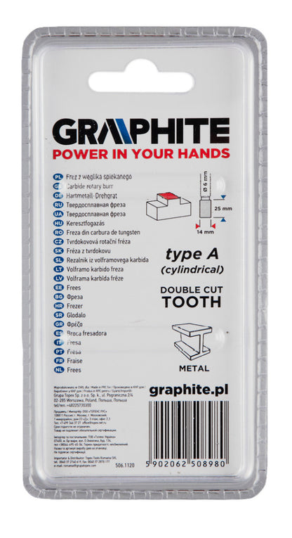 GRAPHITE Keményfém marófej, turbómaró, A, hengeres, 14x25mm, szár méret: 6x45mm 55H354