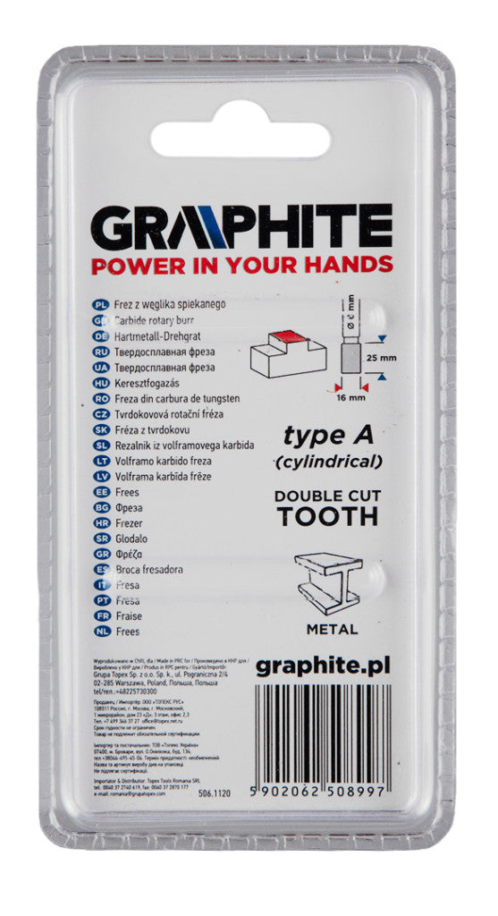 GRAPHITE Keményfém marófej, turbómaró, A, hengeres, 16x25mm, szár méret: 6x45mm 55H355