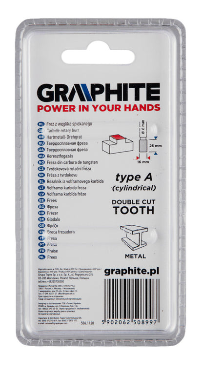GRAPHITE Keményfém marófej, turbómaró, A, hengeres, 16x25mm, szár méret: 6x45mm 55H355