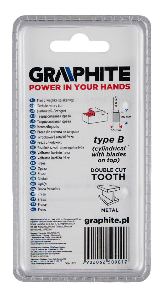 GRAPHITE Keményfém marófej, turbómaró, B, hengeres, frontélezéssel, 10x25mm, szár méret: 6x45mm 55H357