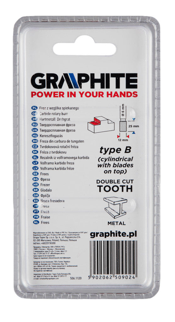 GRAPHITE Keményfém marófej, turbómaró, B, hengeres, frontélezéssel, 12x25mm, szár méret: 6x45mm 55H358