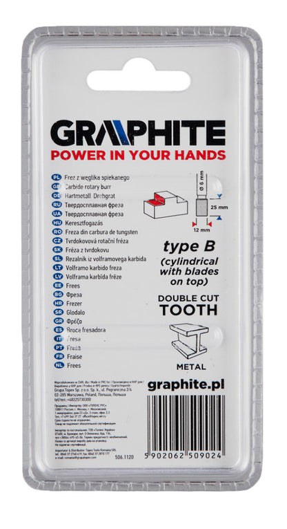 GRAPHITE Keményfém marófej, turbómaró, B, hengeres, frontélezéssel, 12x25mm, szár méret: 6x45mm 55H358