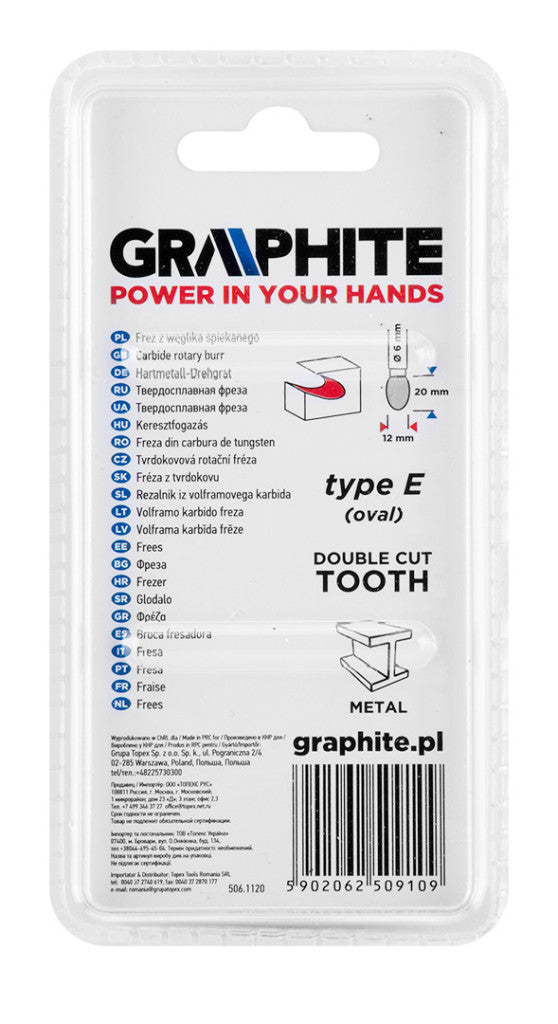 GRAPHITE Keményfém marófej, turbómaró, E csepp, ovális, 12x20mm, szár méret: 6x45mm 55H366