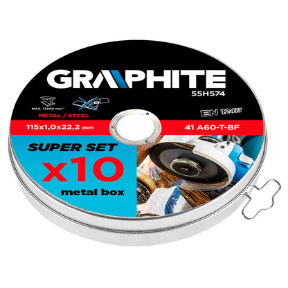 GRAPHITE Vágókorong fémhez 115x1.0x22.2mm, 10db, 41 A60-T-BF 55H574