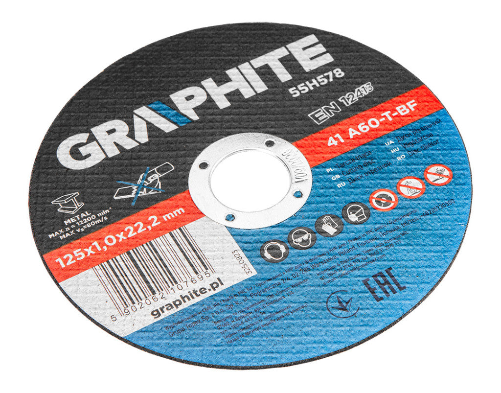 GRAPHITE Vágókorong, fémhez, 125 x1x 22.2 mm, 41 A60-T-BF, 10db 55H578