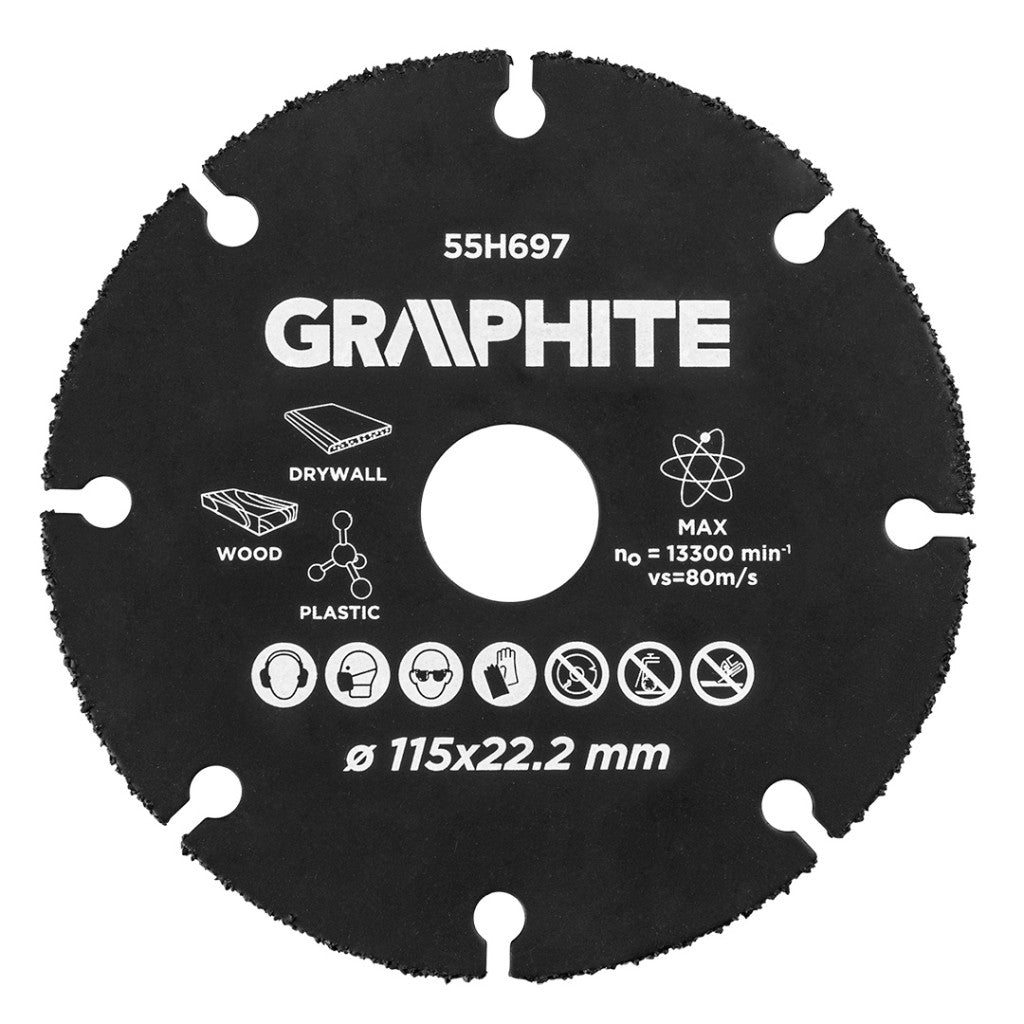 GRAPHITE Vágókorong, fához, műanyaghoz, volfrámkarbid, 115x22.2mm 55H697