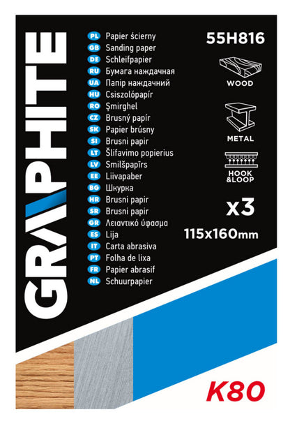 GRAPHITE Csiszolópapír, tépőzáras, K80, 115x160mm, 3db 55H816