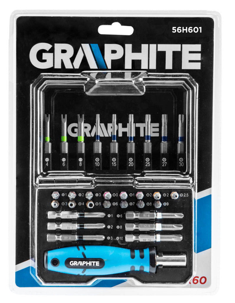 GRAPHITE Csavarhúzó bitkészlet, 31db., bitek 25mm - 15db, bitek 50mm - 15db., bittartó - 1db 56H602