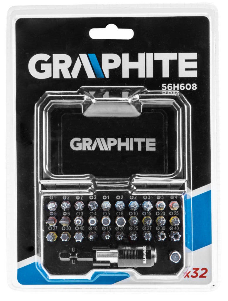 GRAPHITE Csavarhúzó bitkészlet, 32db, bitek 25mm - 30db, adapter 1/4" - 1db, mágneses bittartó - 1db 56H608