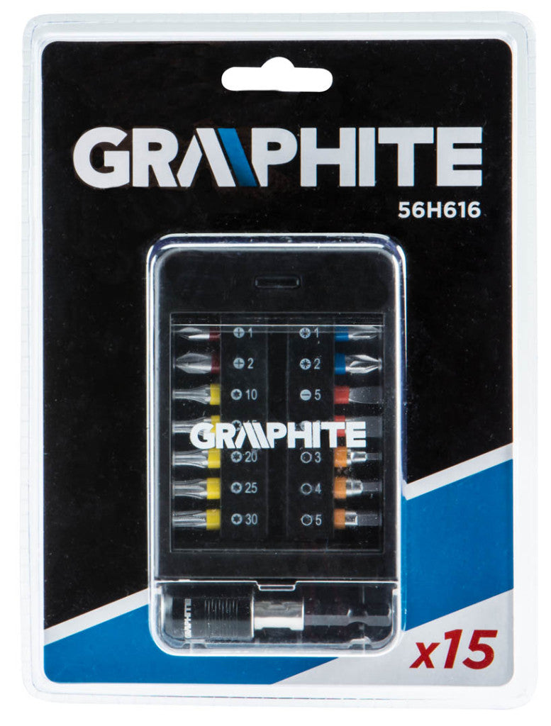 GRAPHITE Csavarhúzó bitkészlet, 15db., bitek 14mm - 8db, mágneses bittartós 1db 56H616