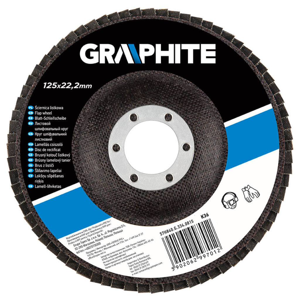 GRAPHITE Csiszolókorong lamellás 125x22.2mm, K36, cirkónium, INOX 57H840