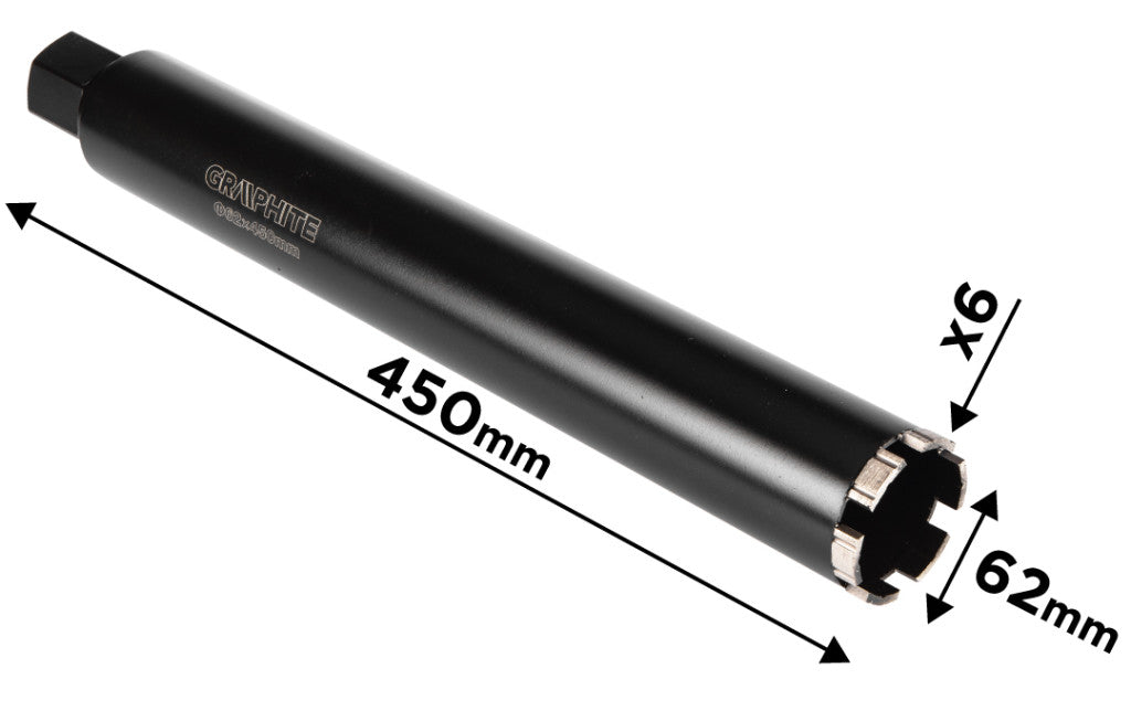 GRAPHITE Gyémánt magfúró korona, 62x450mm, 6 szegmenses, 58G540 géphez 57H859