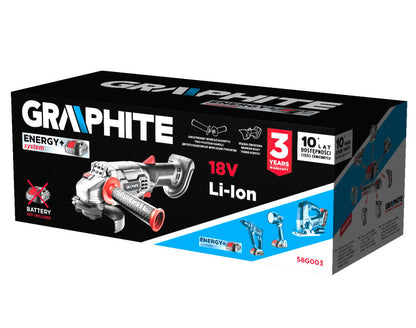 GRAPHITE Akkus sarokcsiszoló Energy+, 18V, 115x22.2mm, akku nélkül!!! 3 év garanciával 58G003