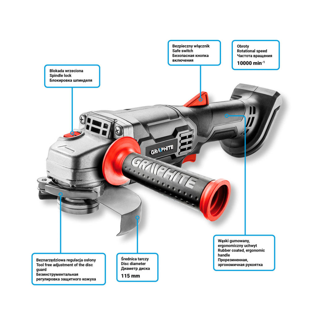 GRAPHITE Akkus sarokcsiszoló Energy+, 18V, 115x22.2mm, akku nélkül!!! 3 év garanciával 58G003