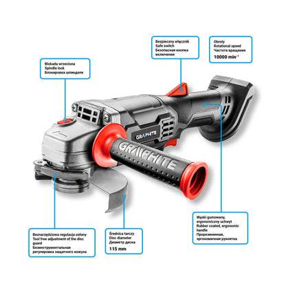 GRAPHITE Akkus sarokcsiszoló Energy+, 18V, 115x22.2mm, akku nélkül!!! 3 év garanciával 58G003
