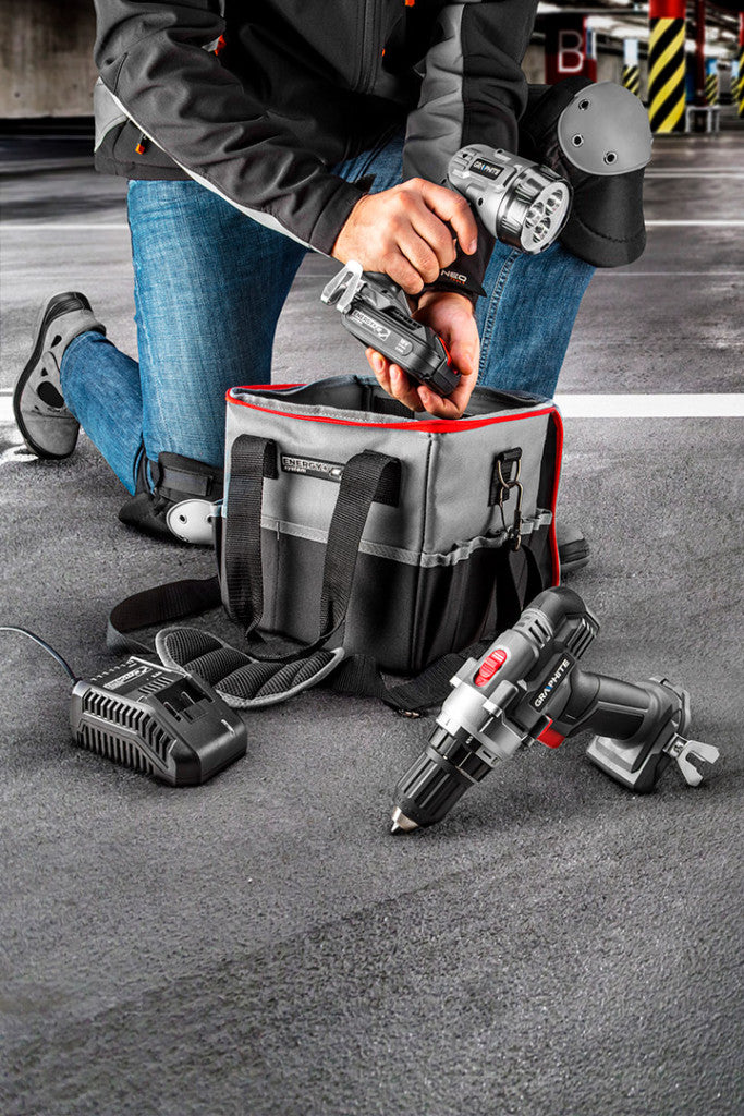 GRAPHITE Akkus gépkészlet Energy+, 18V/2Ah: akkus fúró + lámpa + táska + akku +töltő! 3 év garanciával 58G016