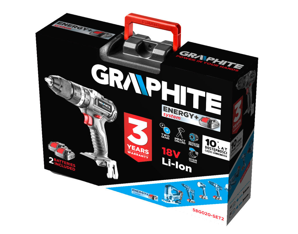 GRAPHITE Akkus szénkefementes ütvefúró Energy+, 2db akku+töltő! 18V/2Ah, 13mm, koffer 3 év garanciával 58G020-SET2