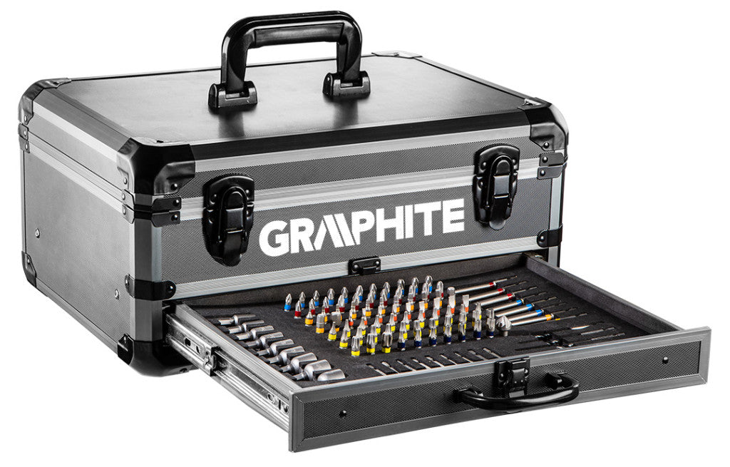 GRAPHITE Akkus fúró Energy+, 2db akku+töltő!, 18V/2Ah, 10mm + alu koffer + 109 kiegészítő, levehető fúrótokmány 3 év garanciával 58G022-PS15