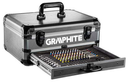 GRAPHITE Akkus fúró Energy+, 2db akku+töltő!, 18V/2Ah, 10mm + alu koffer + 109 kiegészítő, levehető fúrótokmány 3 év garanciával 58G022-PS15
