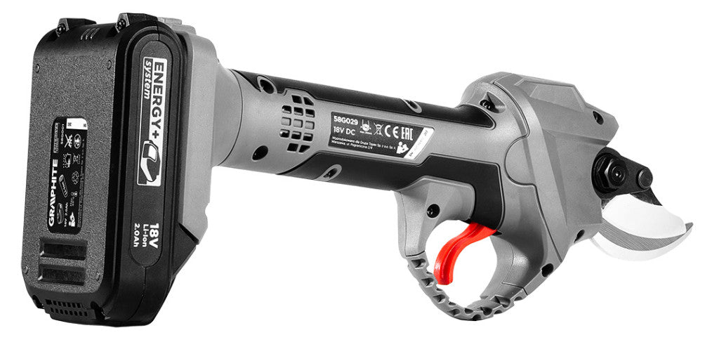 GRAPHITE Akkus szénkefementes metszőolló, ágvágó, max. 30mm vágás, Energy+ 18V, akku nélkül!!! 3 év garanciával 58G029