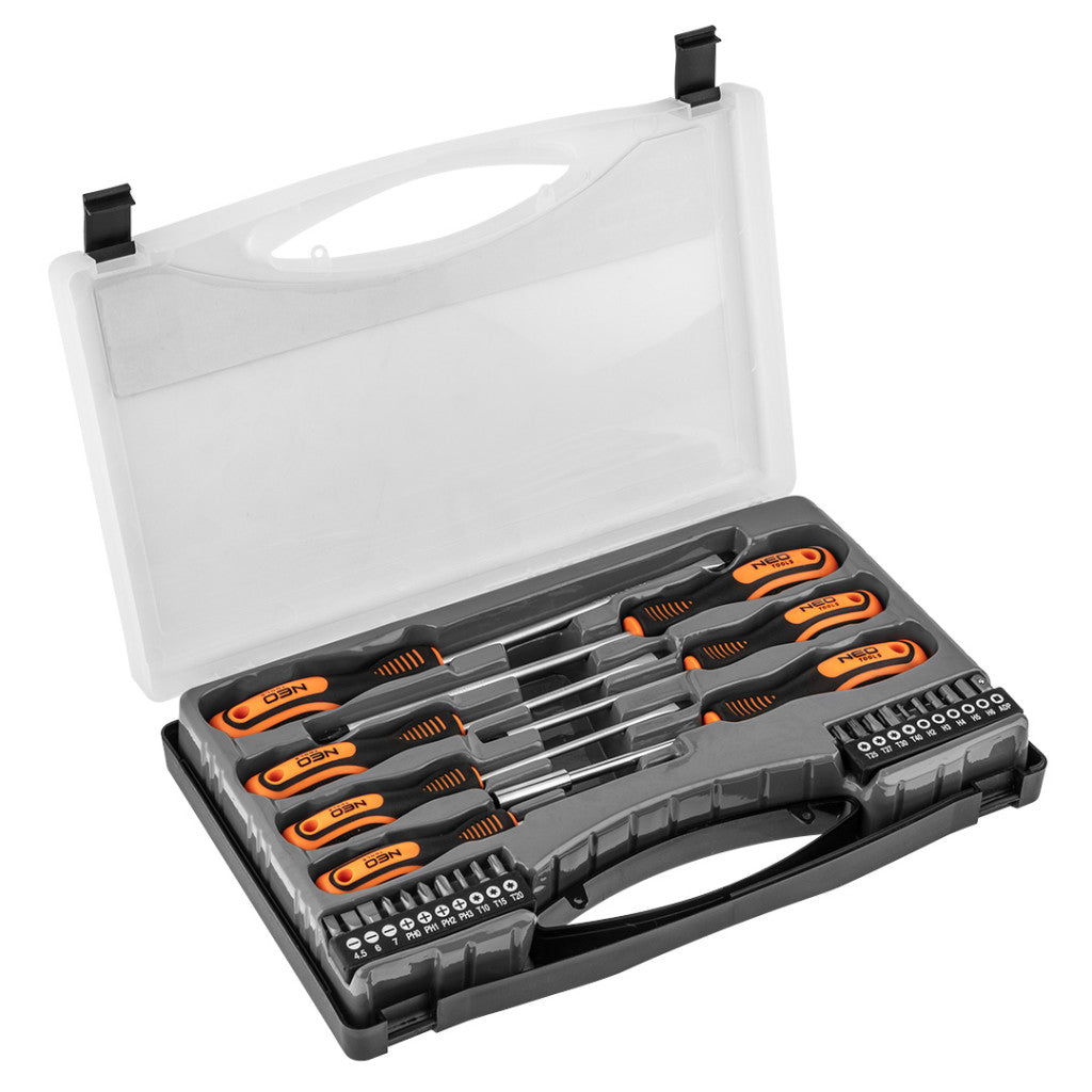 NEO TOOLS Csavarhúzó készlet, fali tartóval, 27db 25 év garanciával 04-197