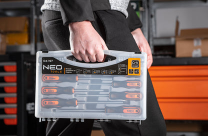NEO TOOLS Csavarhúzó készlet, fali tartóval, 27db 25 év garanciával 04-197