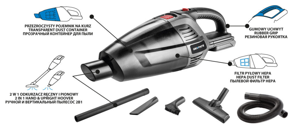 GRAPHITE Akkus kézi és padló porszívó 2az1-ben, Energy+ 18V, 3, 8kPa akku nélkül!!! 3 év garanciával 58G097