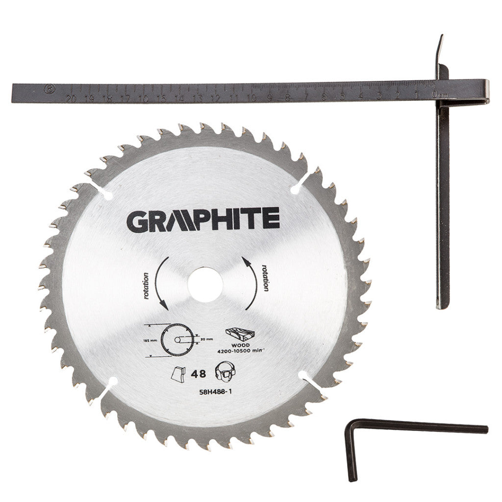 GRAPHITE Körfűrész 1200 W, 185mm, vágásmélység: 65/43mm, tartozék: párhuzamvezető, tartalék vágótárcsa, koffer 3 év garanciával 58G488