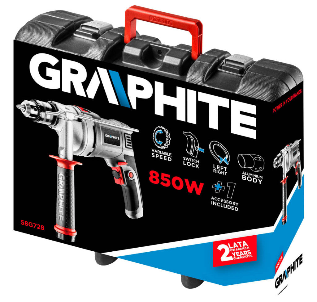 GRAPHITE Ütvefúró 850W, 0-3000/min, 13mm fogastokmány 3 év garanciával 58G728