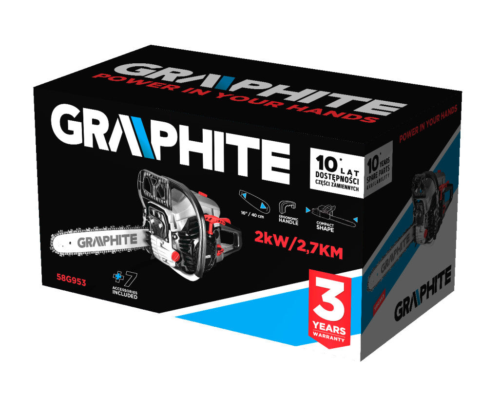 GRAPHITE Benzines láncfűrész 2kW (2,7 LE), láncvezető 16" (400mm) 3 év garanciával 58G953